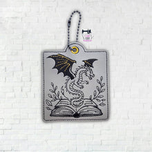 Load image into Gallery viewer, Fantasy Book And Dragon Snap Tab Eyelet Bookmark Machine Embroidery Design