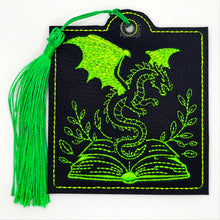 Load image into Gallery viewer, Fantasy Book And Dragon Snap Tab Eyelet Bookmark Machine Embroidery Design
