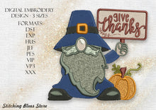 Load image into Gallery viewer, Give Thanks Gnome With Pumpkin Autumn Machine Embroidery Design For Thanksgiving Day