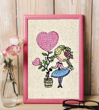 Load image into Gallery viewer, Girl with flowers and hearts machine embroidery design