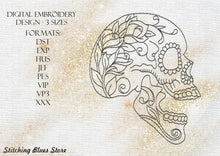 Load image into Gallery viewer, Floral Skull machine embroidery design