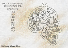 Load image into Gallery viewer, Floral Skull Eyelet Snap Tab machine embroidery design