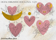 Load image into Gallery viewer, Set of the 5 Hearts & Plants machine embroidery designs