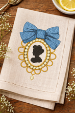 Load image into Gallery viewer, Medallion With Pearls And Bow Machine Embroidery Design In 2 Sizes Includes Snap Tab Eyelet