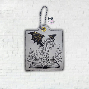 Fantasy Book And Dragon Snap Tab Eyelet Bookmark Machine Embroidery Design
