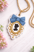 Load image into Gallery viewer, Medallion With Pearls And Bow Machine Embroidery Design In 2 Sizes Includes Snap Tab Eyelet