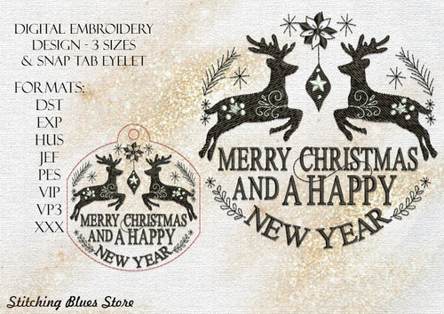 Christmas Ornament With Deers Machine Embroidery Design With Snap Tab Eyelet