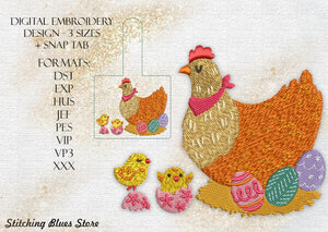 Easter Hen With Chicken And Snap Tab machine embroidery design