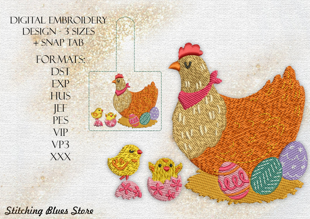 Easter Hen With Chicken And Snap Tab machine embroidery design