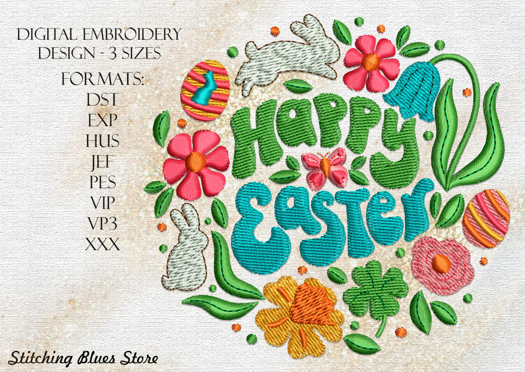 Happy Easter With Flowers And Rabbits Machine Embroidery Design