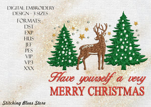 Merry Christmas Deer And Christmas Tree machine embroidery design