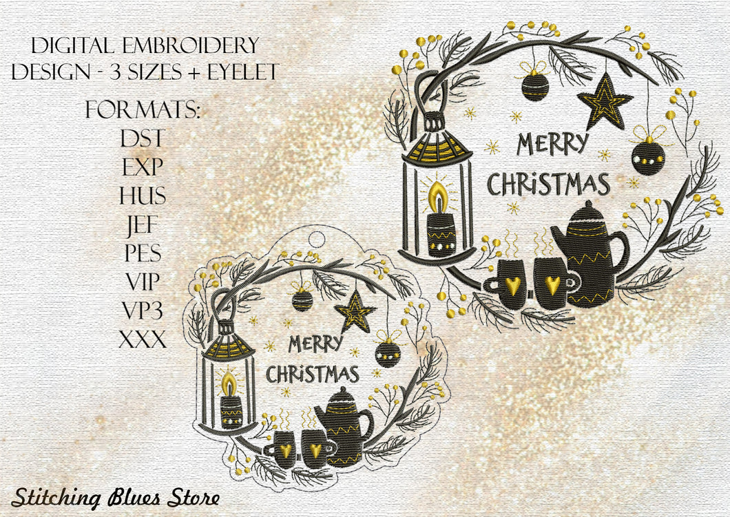 Merry Christmas Pattern machine embroidery design + Snap Tab Eyelet