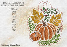 Load image into Gallery viewer, Pumpkins And Autumn Leaves Machine Embroidery Design Snap Tab Eyelet