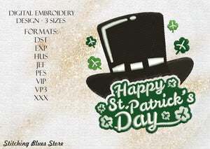 Happy Saint Patricks Day Hat And Clover machine embroidery design