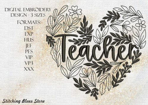 Teacher Heart Pattern Embroidery Design In 3 Sizes