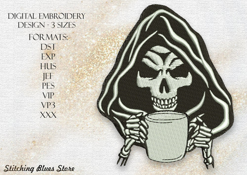 The Grim Reaper with a Cup of Coffee Halloween Machine Embroidery Design