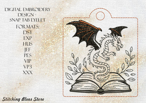 Fantasy Book And Dragon Snap Tab Eyelet Bookmark Machine Embroidery Design