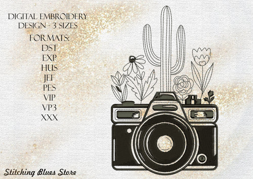 Camera With Flowers And Cactus machine embroidery design 3 sizes Instant Download