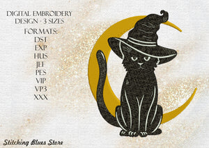 Halloween Witch Cat And Moon machine embroidery design