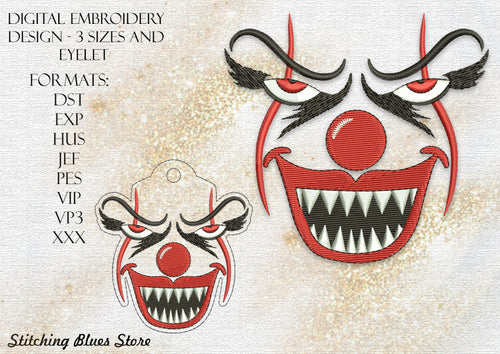 Halloween Creepy Clown with Eyelet Snap Tab Machine Embroidery Design