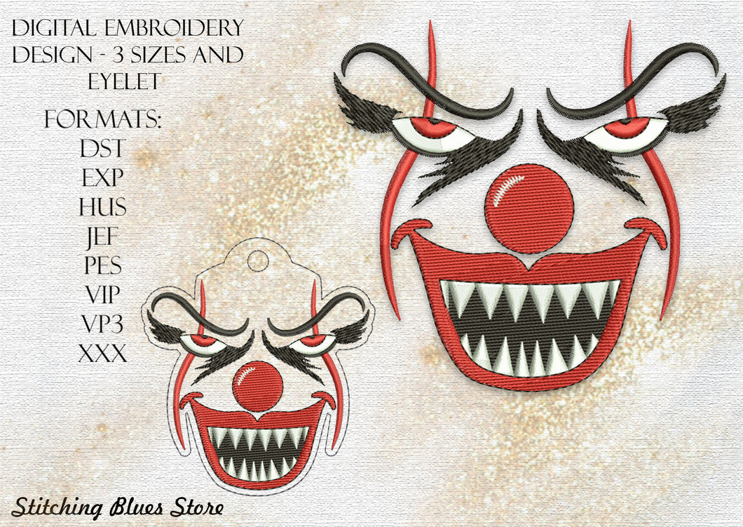 Halloween Creepy Clown with Eyelet Snap Tab Machine Embroidery Design