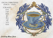 Load image into Gallery viewer, Regency Floral Tea Cup Machine Embroidery Design In 3 Sizes