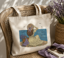 Load image into Gallery viewer, Seaside Daydream Embroidery Design, Woman by the Sea Machine Embroidery, Coastal Summer Girl, Beach Tote Embroidery, Romantic Ocean Design