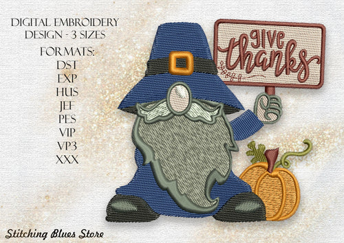 Give Thanks Gnome With Pumpkin Autumn Machine Embroidery Design For Thanksgiving Day
