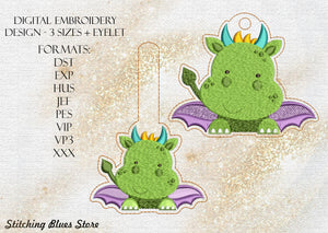 Green Baby Dragon Eyelet And Snap Tab machine embroidery design