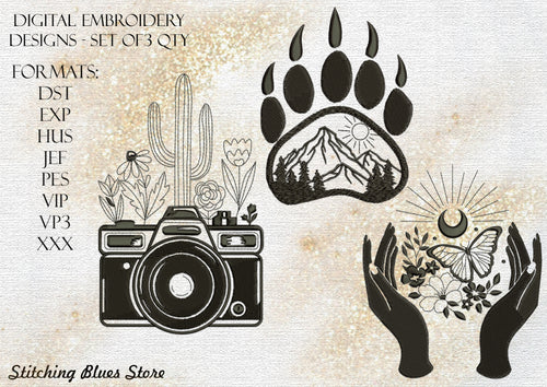 Set of the 3 Travel & Nature machine embroidery designs in 3 sizes Instant Download