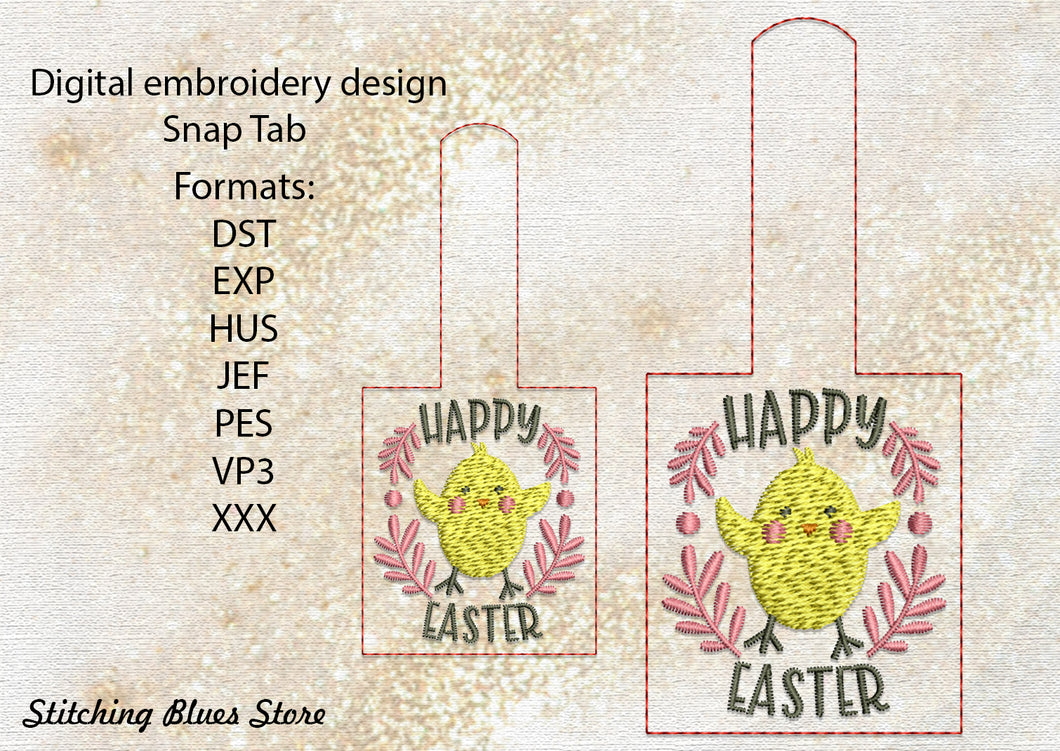 Happy Easter Chicken Snap Tab machine embroidery design