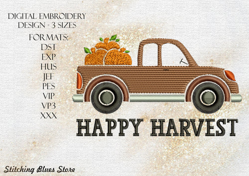 Happy Harvest Car With Pumpkins Machine Embroidery Design - Thanksgiving Day