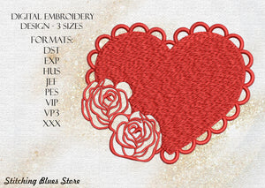 Heart And Roses machine embroidery design - Valentines Day