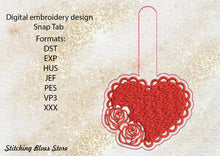 Load image into Gallery viewer, Heart And Roses Snap Tab machine embroidery design - Valentines Day
