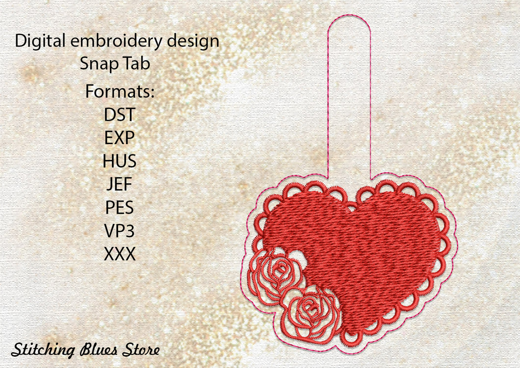 Heart And Roses Snap Tab machine embroidery design - Valentines Day