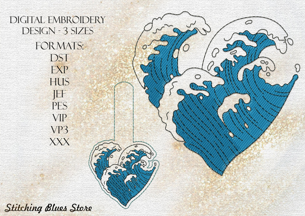 Heart & Wave machine embroidery design + Snap Tab
