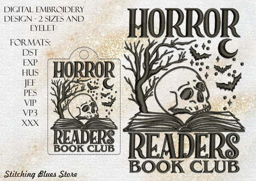 Horror Readers Book Club Machine Embroidery Design In 2 Sizes Includes Snap Tab Eyelet - Halloween