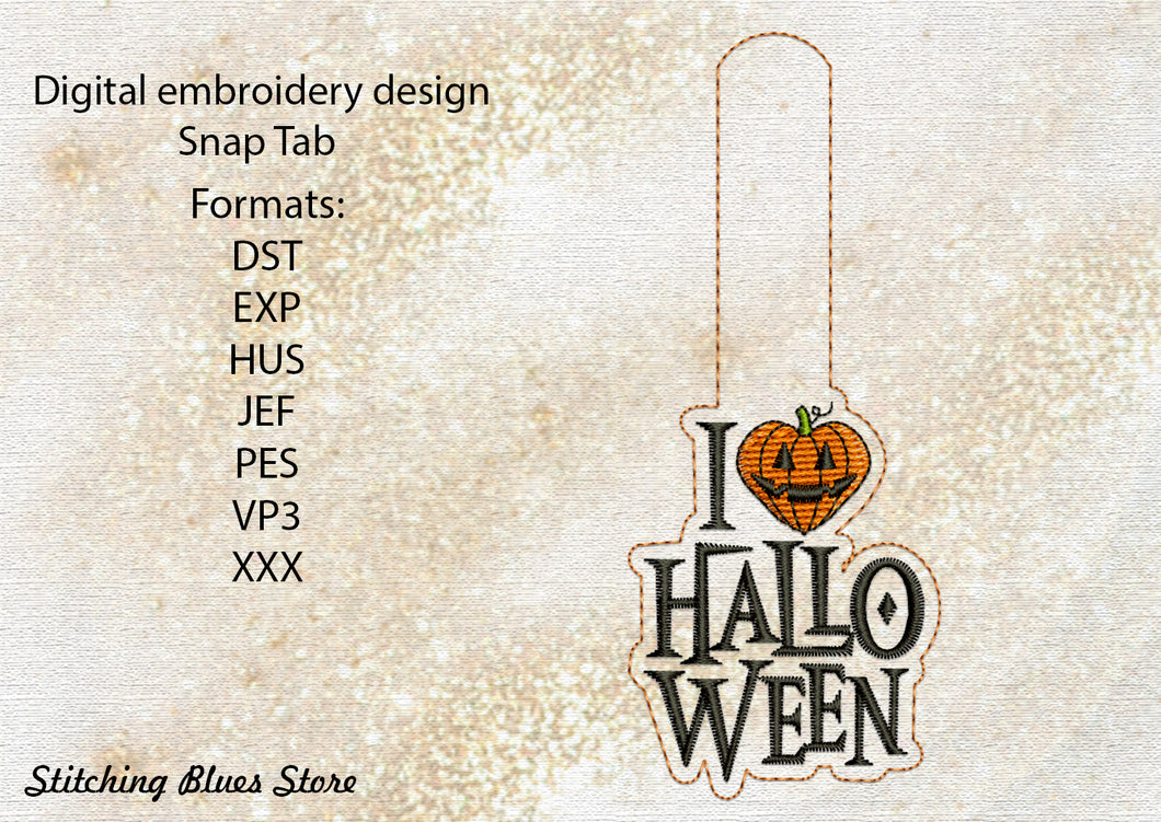I Love Halloween Snap Tab Machine Embroidery Design