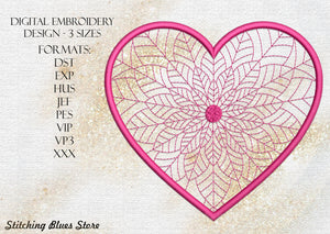 Floral Mandala Heart Machine Embroidery Design For Valentines Day