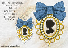Load image into Gallery viewer, Medallion With Pearls And Bow Machine Embroidery Design In 2 Sizes Includes Snap Tab Eyelet