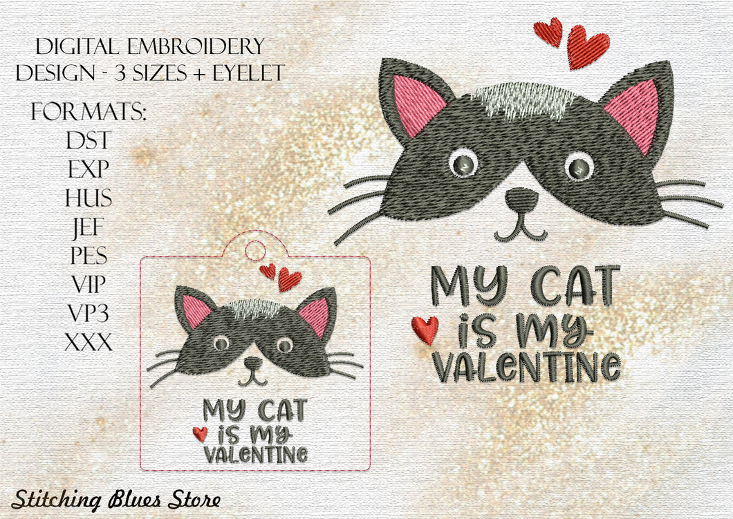 My Cat Is My Valentine Machine Embroidery Design With Snap Tab Eyelet