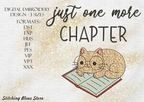 Cat Reading A Book Machine Embroidery Design With Inscription Just One More Chapter
