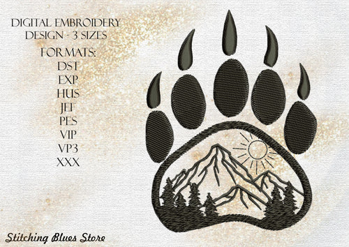 Paw With Forest And Mountain View machine embroidery design 3 sizes Instant Download, Travel Embroidery Pattern