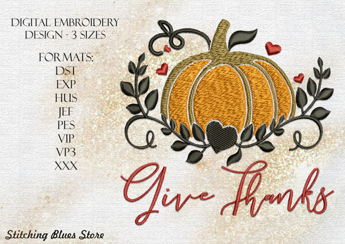 Autumn Pumpkin Give Thanks Machine Embroidery Design For Thanksgiving Day