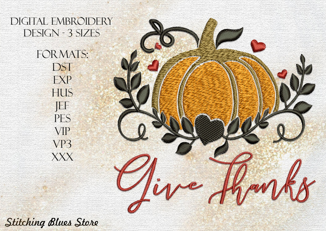 Autumn Pumpkin Give Thanks Machine Embroidery Design For Thanksgiving Day