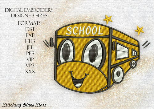 School Bus Machine Embroidery Design In 3 Sizes And 8 Embroidery Formats
