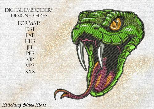 Green Snake Head Machine Embroidery Design