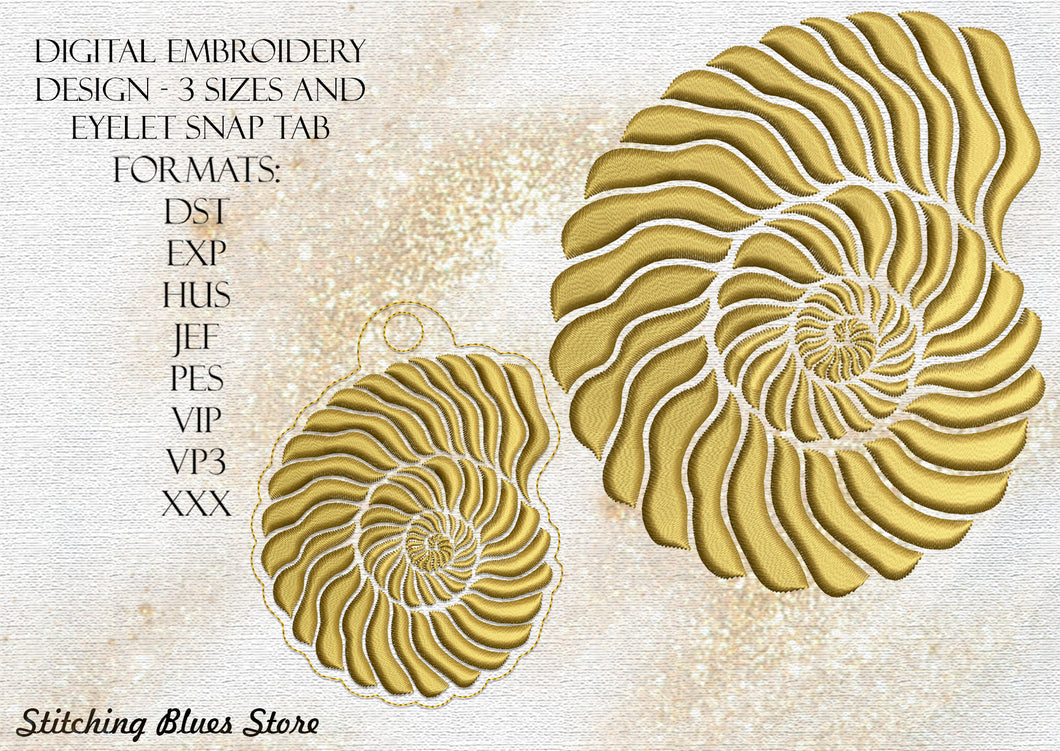 Spiral Seashell Machine Embroidery Design In 3 Sizes Includes Snap Tab Eyelet