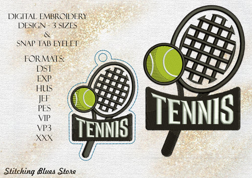 Tennis Racket And Tennis Ball Machine Embroidery Design With Eyelet Snap Tab