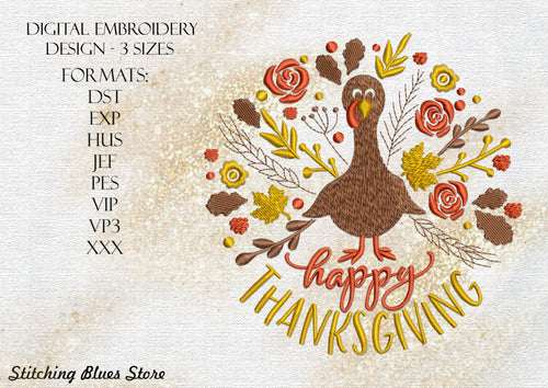 Thanksgiving Turkey And Autumn Leaves machine embroidery design